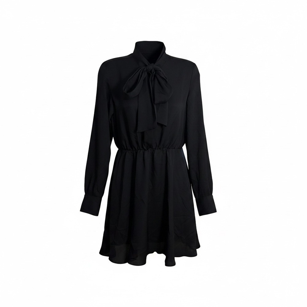 Express Dress Womens XS Black Tie Neck Long Sleeve Elastic Waist Solid Mini